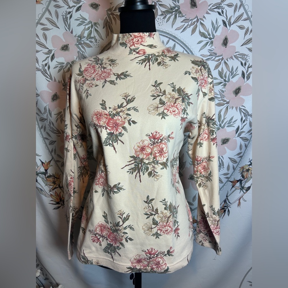 Eddie Bauer Floral Mock Neck Top Cottagecore 90s Cotton M